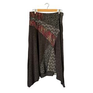 VTG Sacred Thread Patchwork Mixed Media Asymmetrical Zip Stretch Midi Skirt  M
